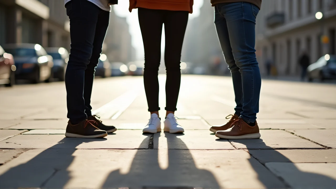 Three individuals in casual attire standing on pavement under midday light.