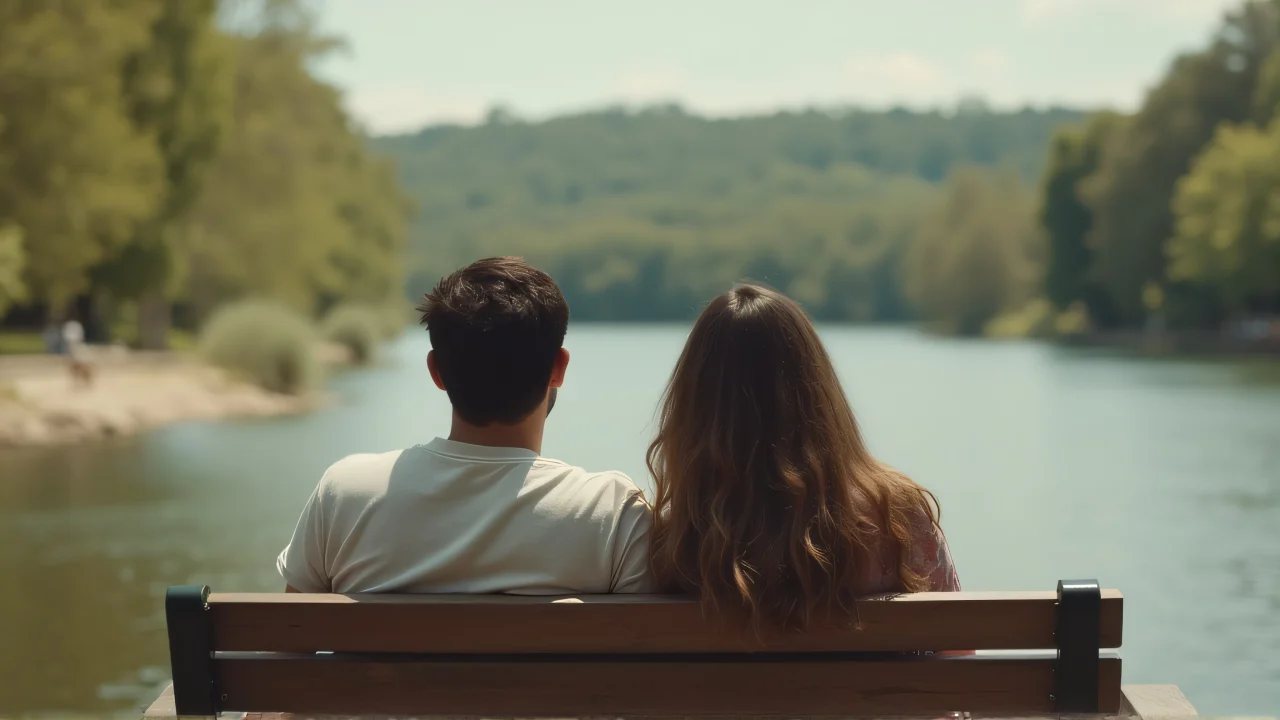 A man and woman share a casual moment by the riverside.