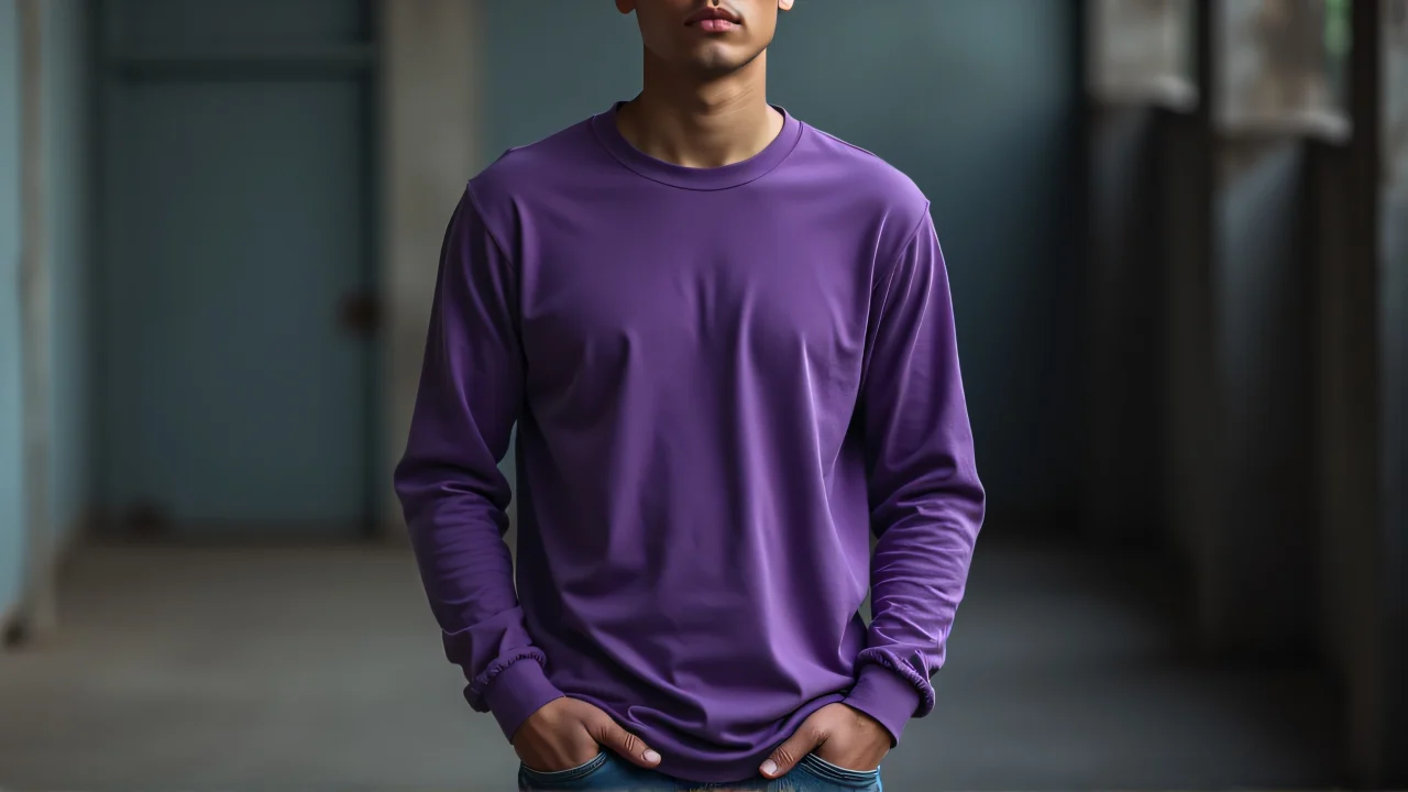 A figure in a purple long-sleeved T-shirt stands casually against an industrial backdrop, hands in pockets.