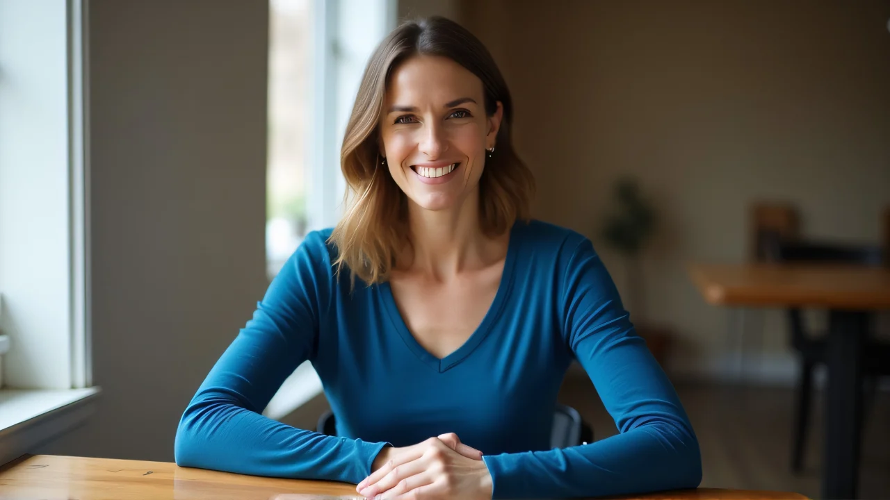 Woman wearing a blue V-neck sweater sitting at a wooden table with soft light.