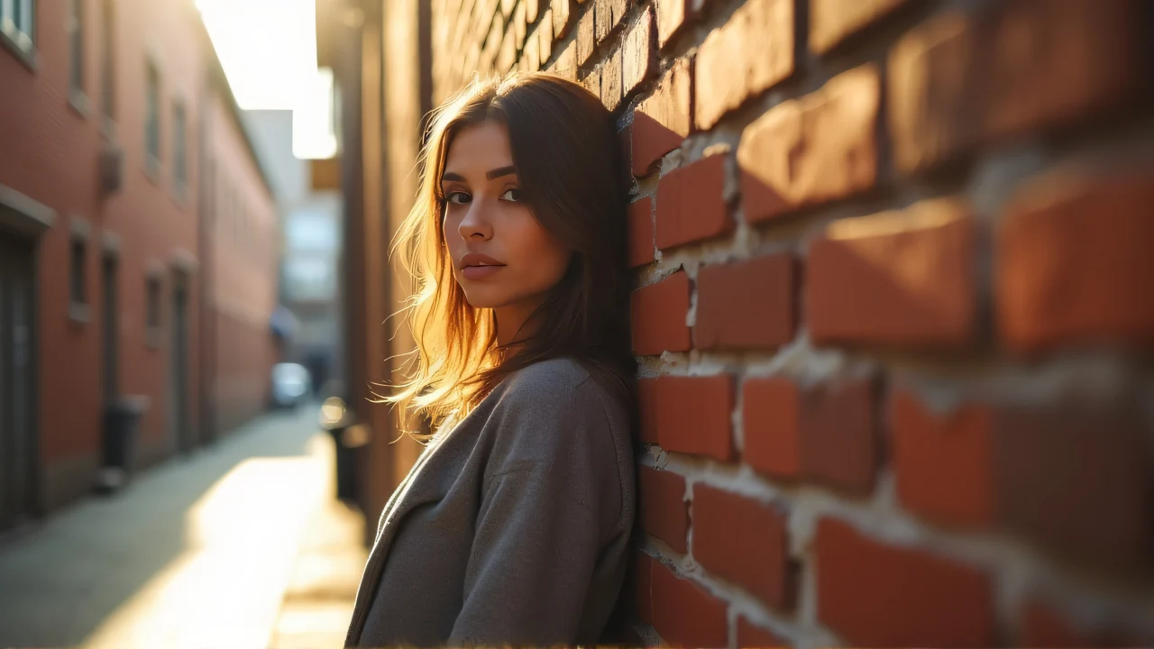A casual woman leans against a sunlit brick wall in an urban setting.