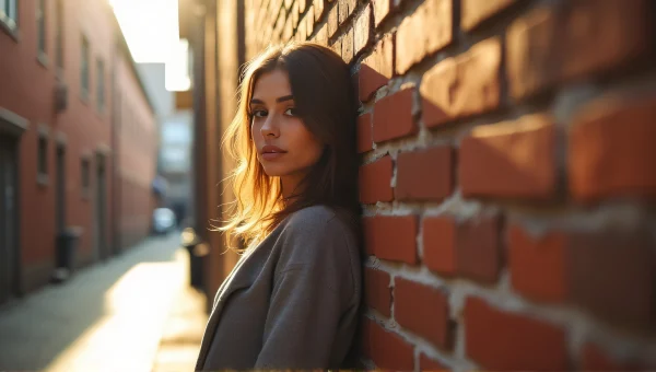 Casual Woman Leaning Against Sunlit Brick Wall