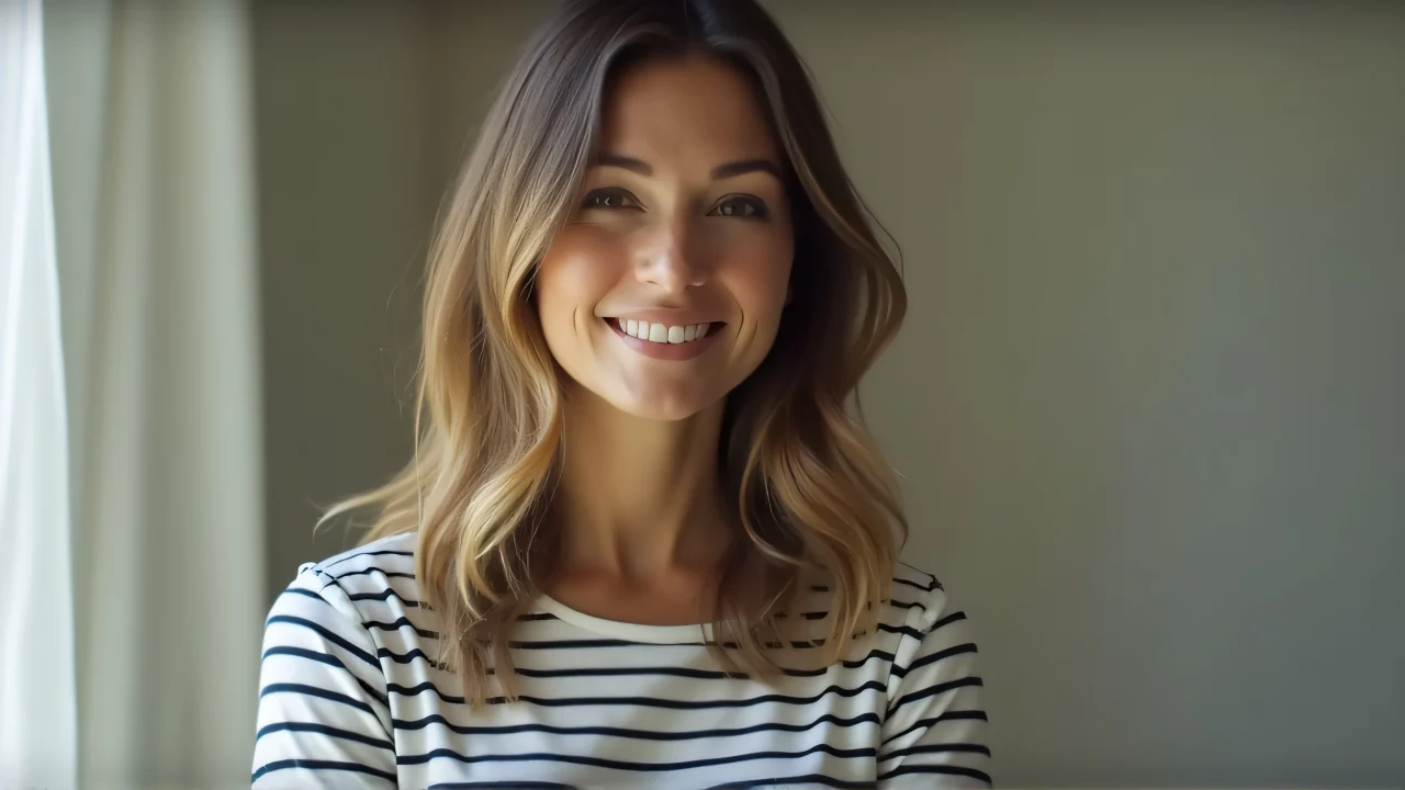 A woman wearing a striped shirt smiles candidly in natural light.