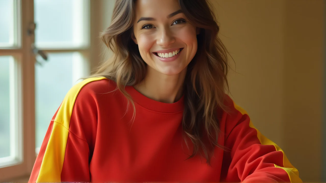 A woman poses relaxed in a red and yellow sweatshirt with soft lighting.
