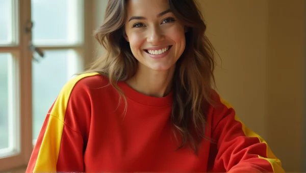 Casual Woman in Red Yellow Sweatshirt Relaxed