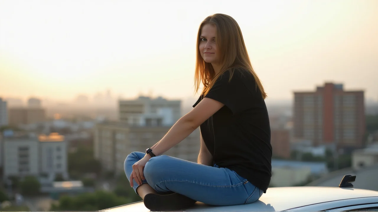 Woman in black shirt and jeans sits cross-legged on car roof with city view.