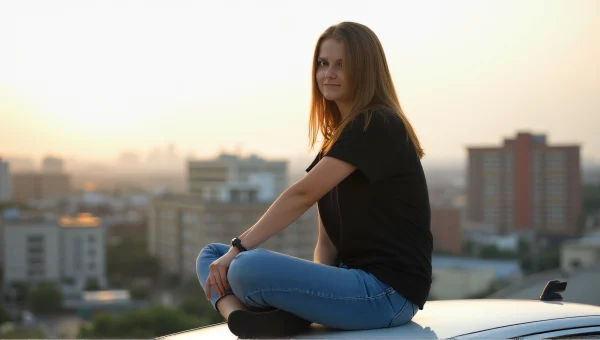 Casual Woman Sitting on Car Roof in Cityscape
