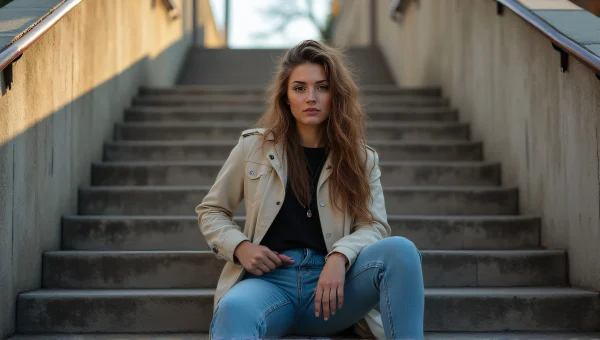 Casual Woman Sitting on Urban Concrete Stairs