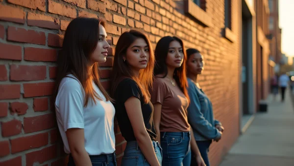Casual Women Friends Posing By Brick Wall