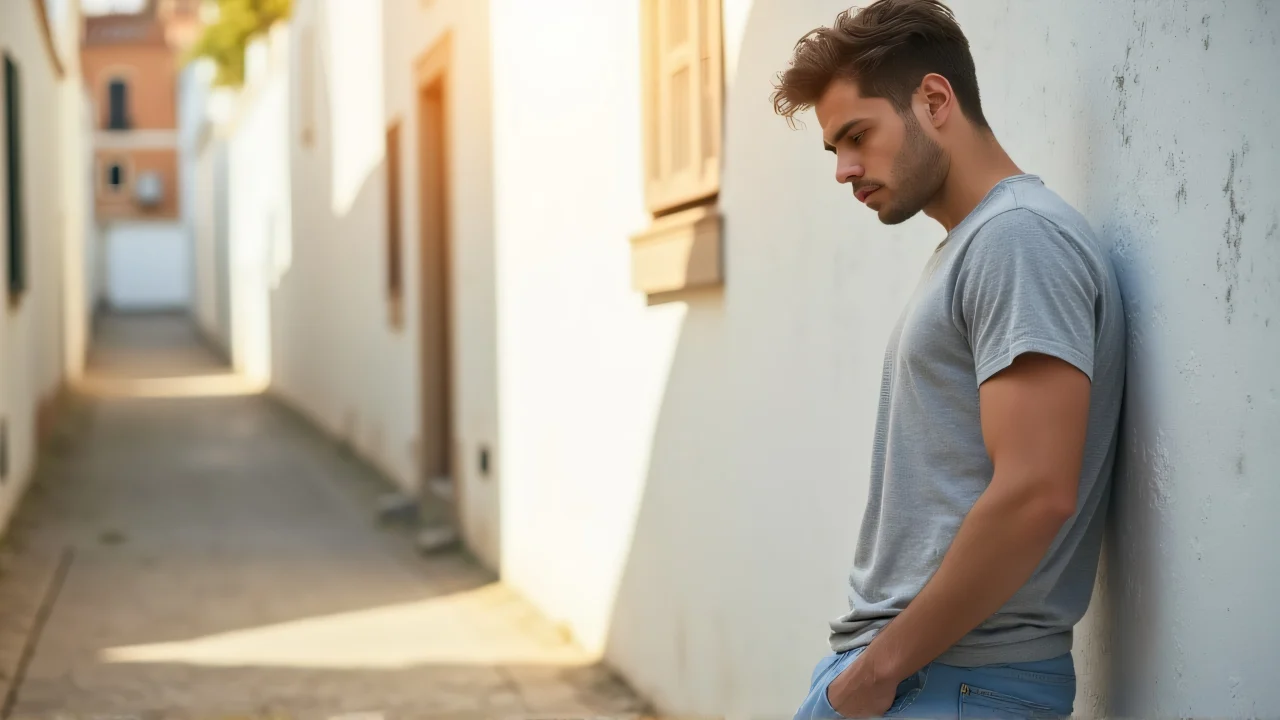 Young man in casual attire leaning against a white wall in an urban setting with soft lighting.