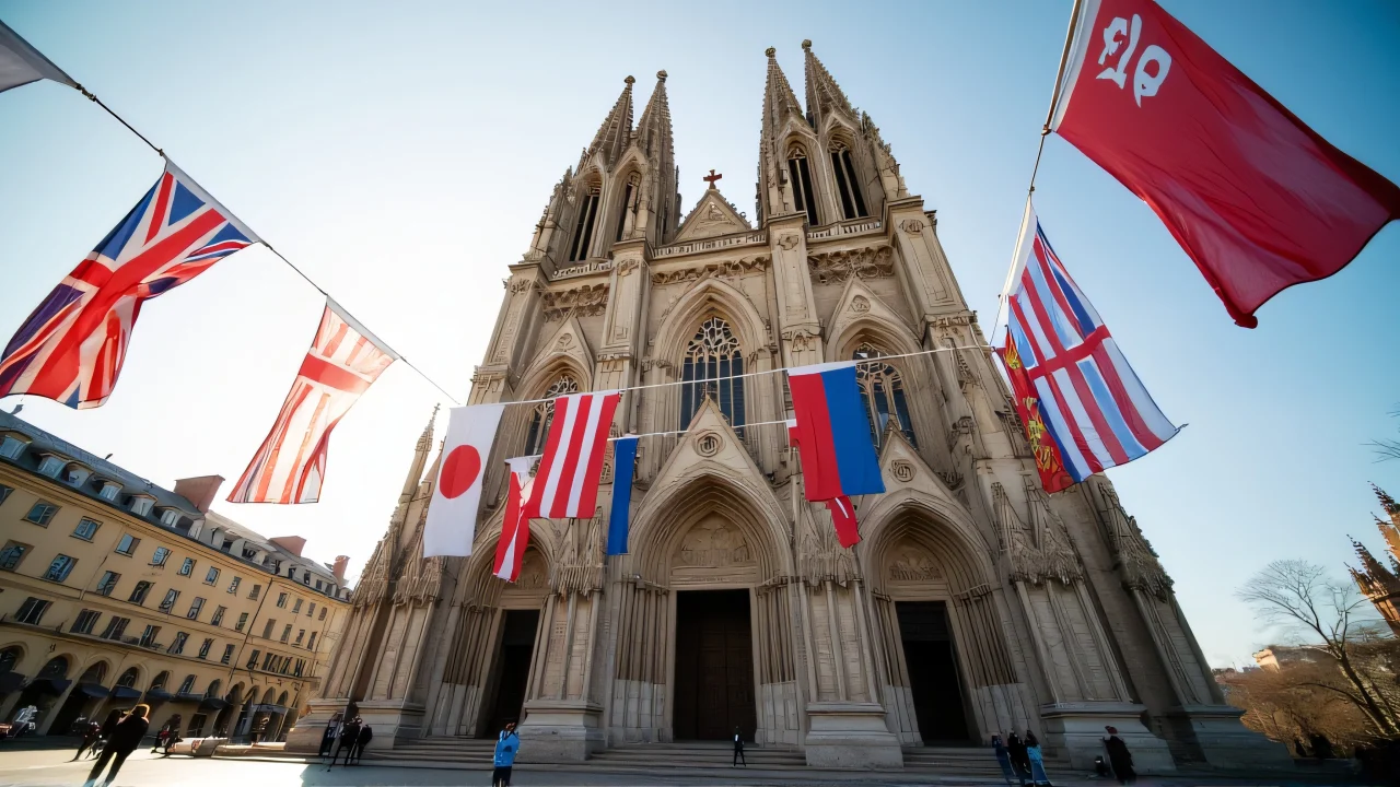 Wide-angle view of a tall cathedral adorned with national flags, capturing morning light and pedestrians below.