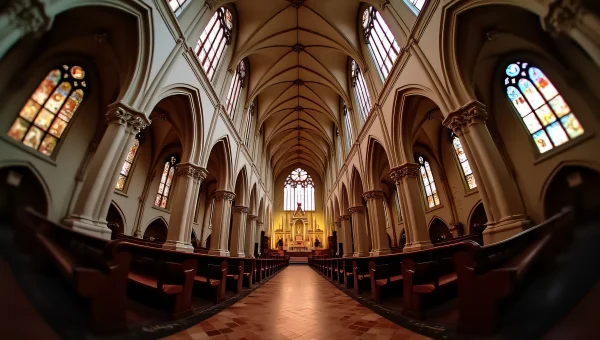 Cathedral Interior Fisheye View with Stained Glass