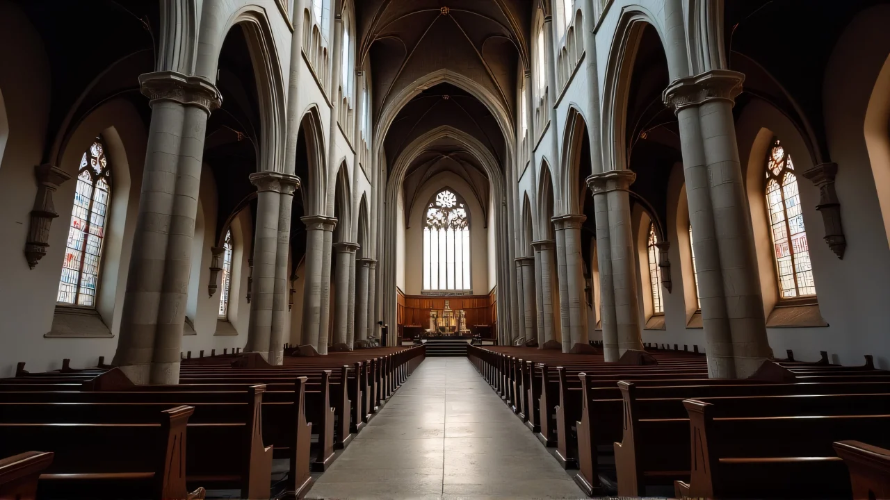 Interior view of a cathedral nave featuring stained-glass windows, wooden pews, and a vaulted ceiling.
