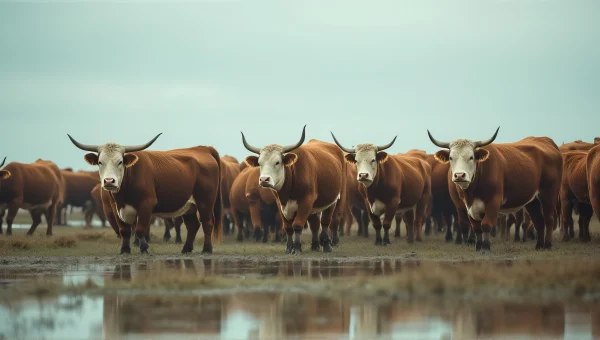 Cattle Grazing on Marshland Under Low Clouds