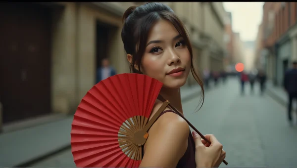 Celebrity Portrait With Folding Fan On Urban Street
