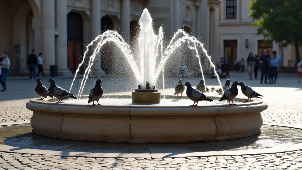 A central stone water fountain with arcing jets in a public square, surrounded by pigeons and cobblestones.