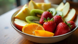 Ceramic Bowl Fresh Fruits Close-Up Natural Light