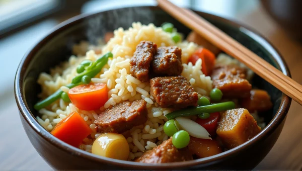 Ceramic Bowl Steaming Rice Mixed Vegetables Meat