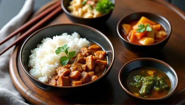 Ceramic Bowls With Rice Stew Vegetables On Table