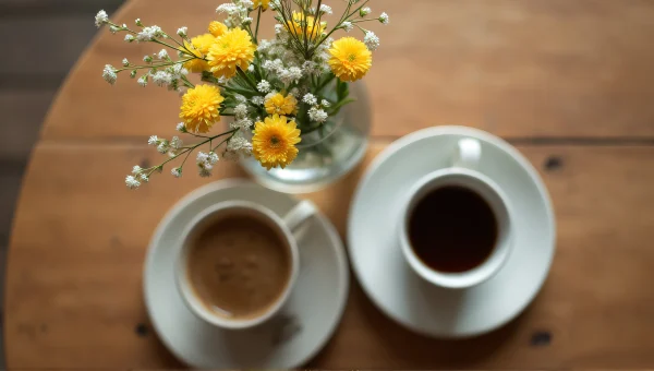 Ceramic Coffee Cups And Flower Vase On Table