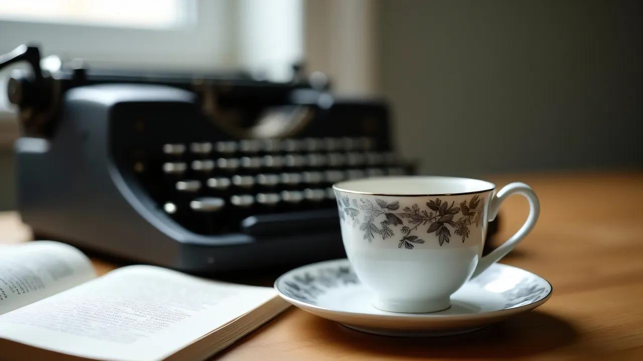 A close-up of a floral ceramic cup and saucer next to a vintage typewriter on a wooden desk.