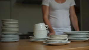 Ceramic Plates Stacked On Wooden Table