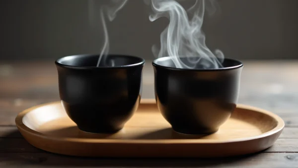 Ceramic Teacups With Steam On Wooden Tray