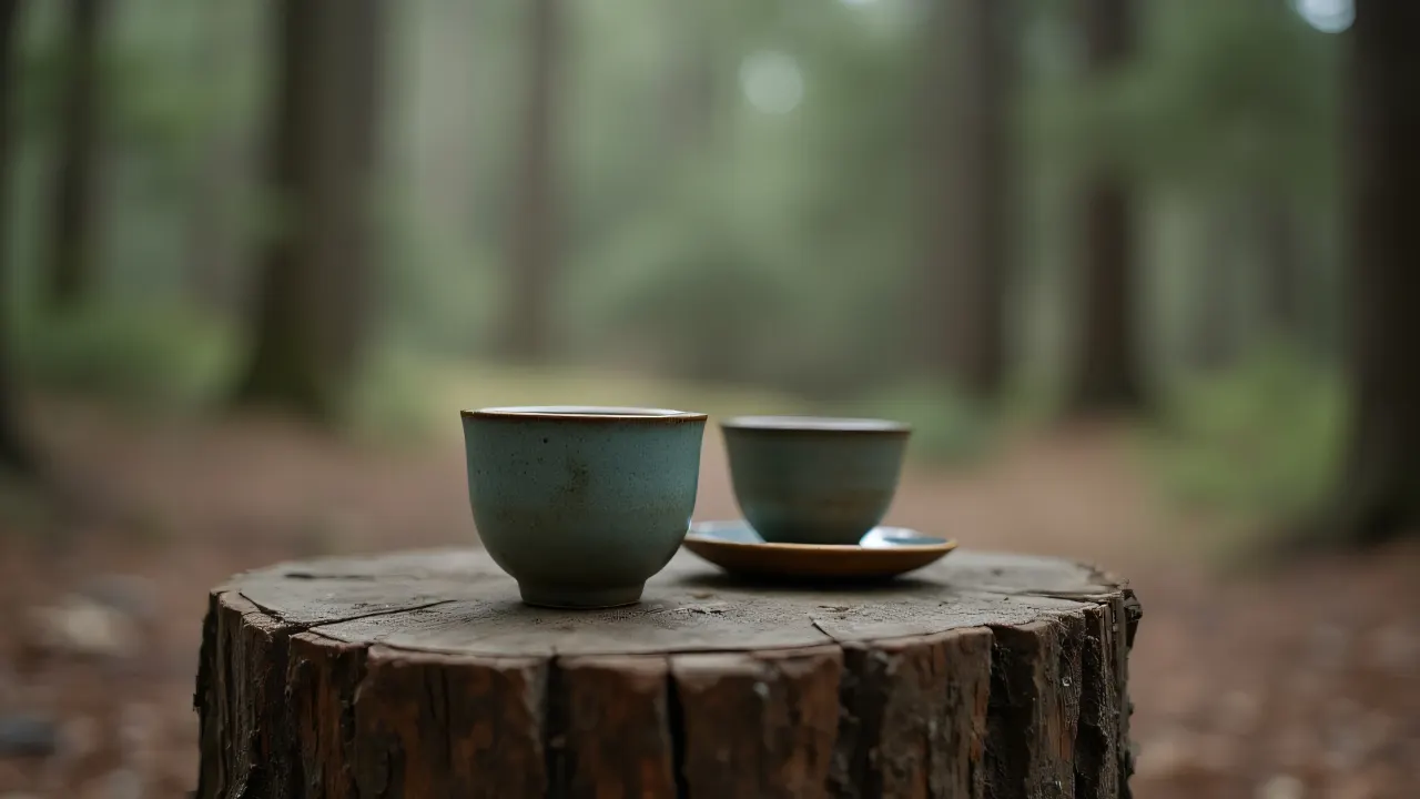 Close-up of two ceramic teacups on a rustic wooden stump with a forest backdrop.