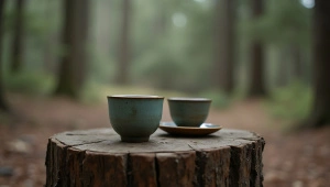 Ceramic Teacups On Weathered Wood Stump