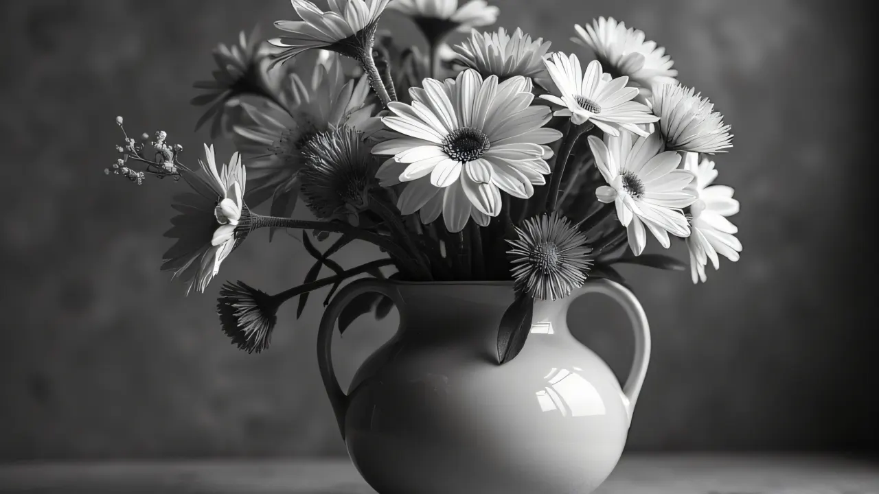 Greyscale photo of assorted flowers in a ceramic vase.