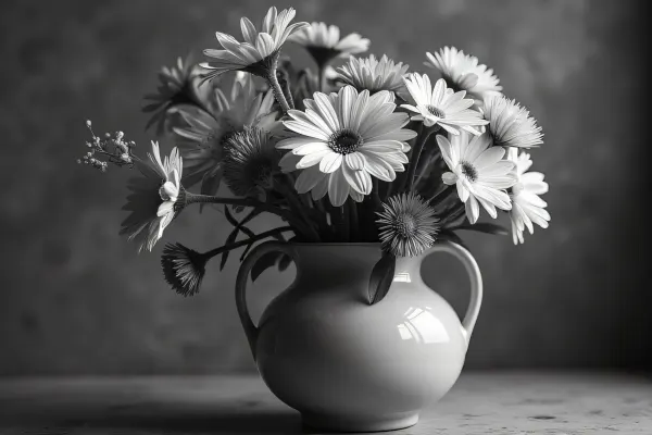 Ceramic Vase with Assorted Flowers in Greyscale