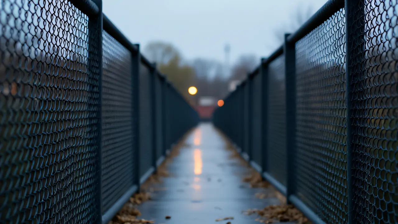 Chain-link fence along a pedestrian bridge at dusk with scattered leaves on wet concrete.