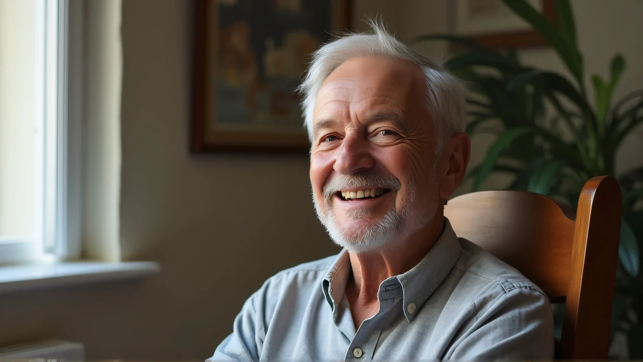 A cheerful elderly man seated in a wooden chair, illuminated by soft window light.
