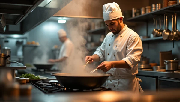 Chef Cooking in Busy Kitchen with Simmering Pot