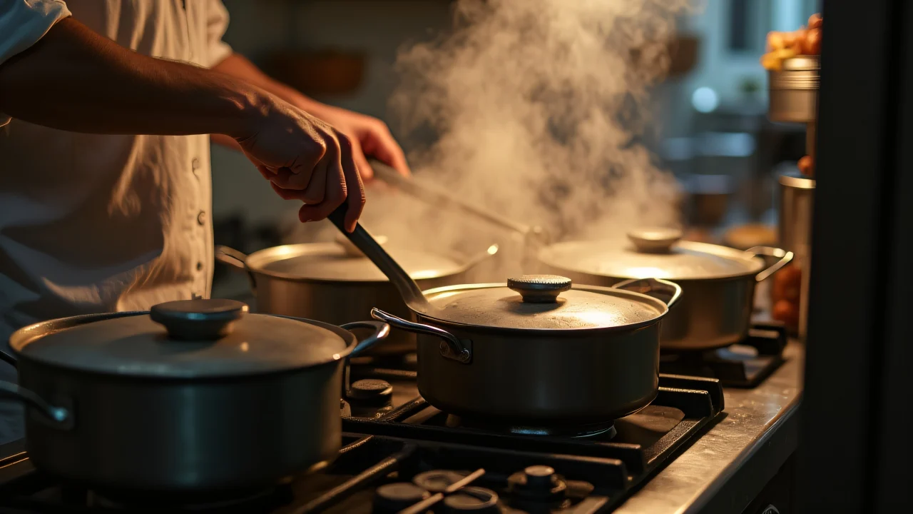 A chef stirs several pots on a busy stovetop in warm kitchen light.
