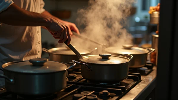 Chef Stirring Multiple Pots On Busy Stovetop