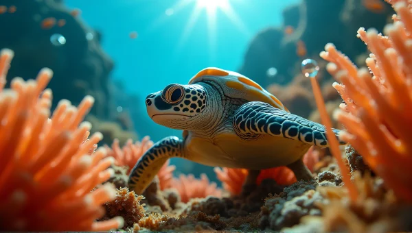 Chelonian Swimming Among Colorful Sea Life
