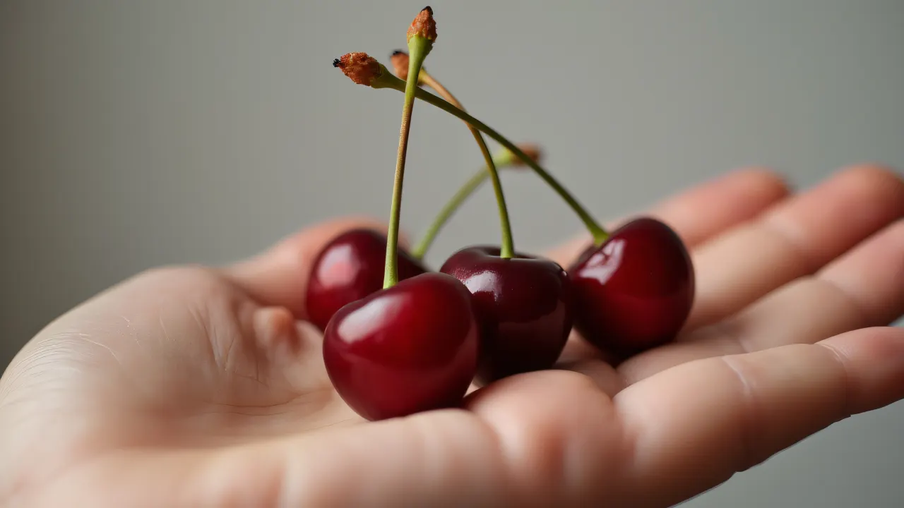 Close-up of a person's hand holding three cherries by their stems against a neutral background.