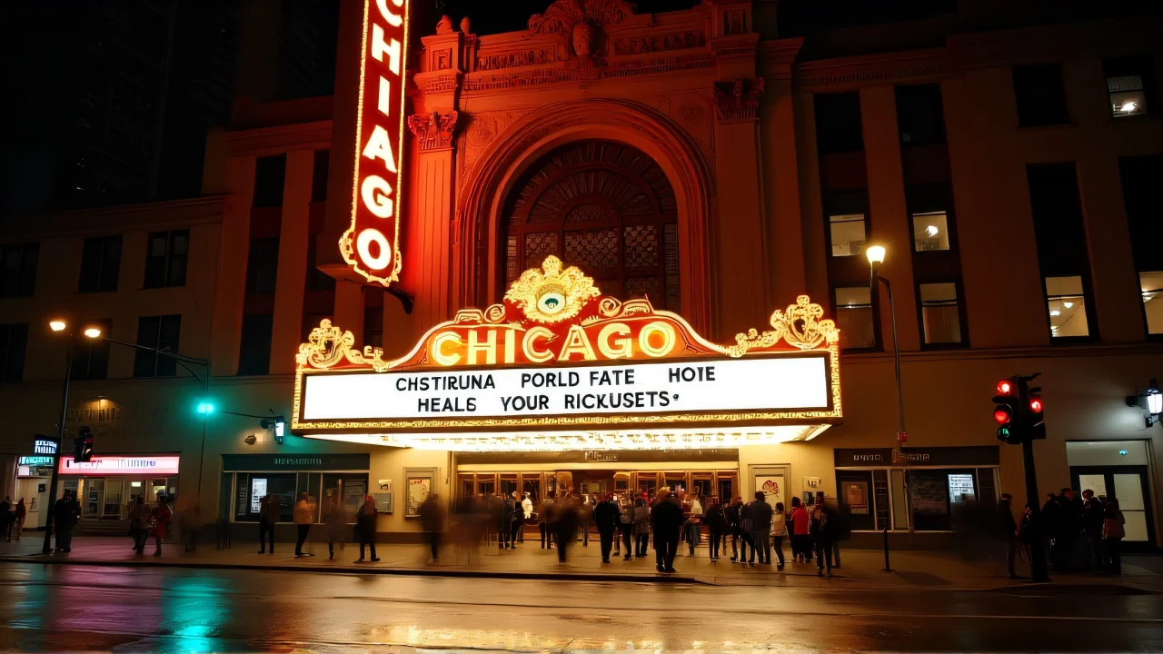 Street-level view of Chicago Theatre marquee at night with neon reflections on wet pavement.
