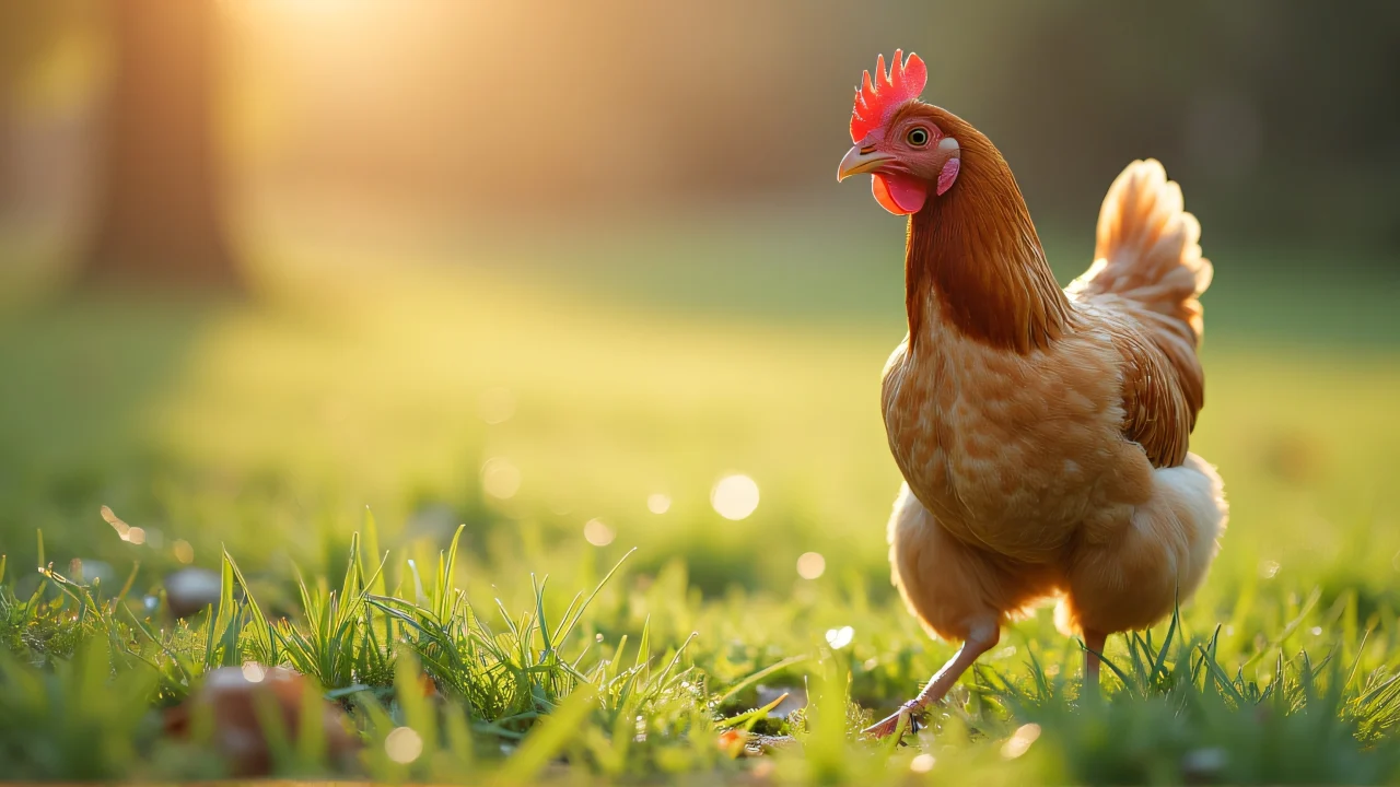A chicken perched on dew-covered grass in soft morning light.