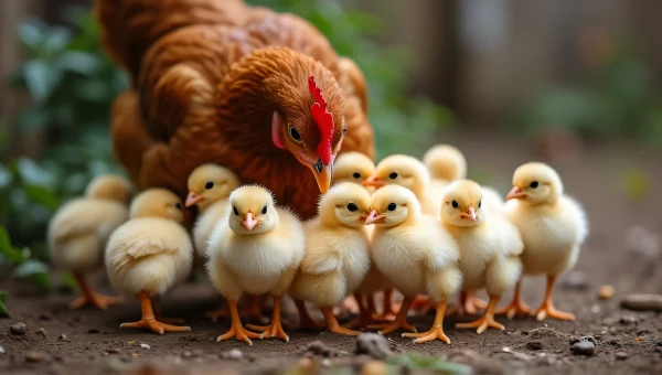 Chicks Under Hen In Soft Morning Light