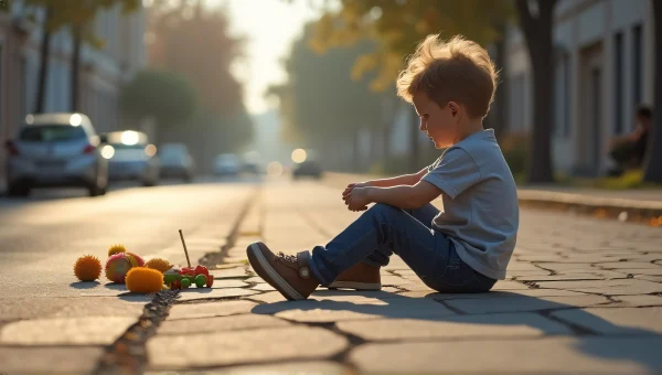 Child Playing on Cracked Pavement with Toys