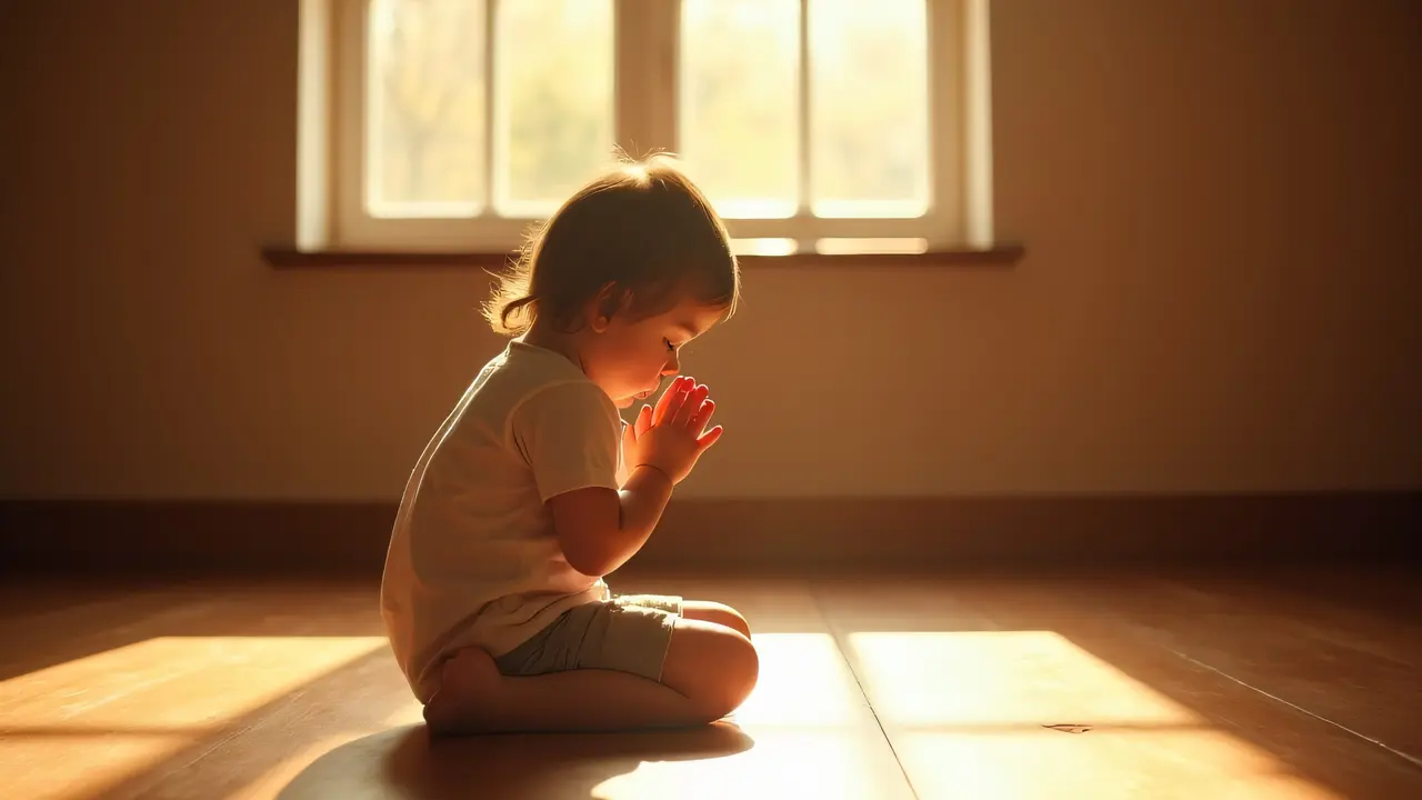 A child kneels in prayer on a wooden floor by a sunlit window, hands clasped and head bowed.