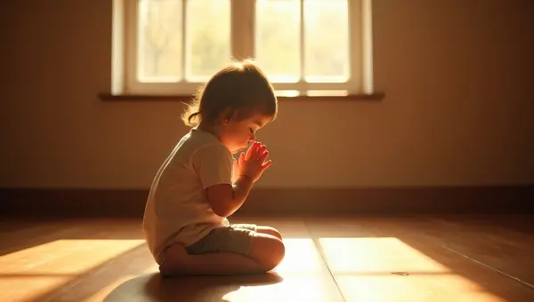 Child Praying by Sunlit Window with Hands Clasped