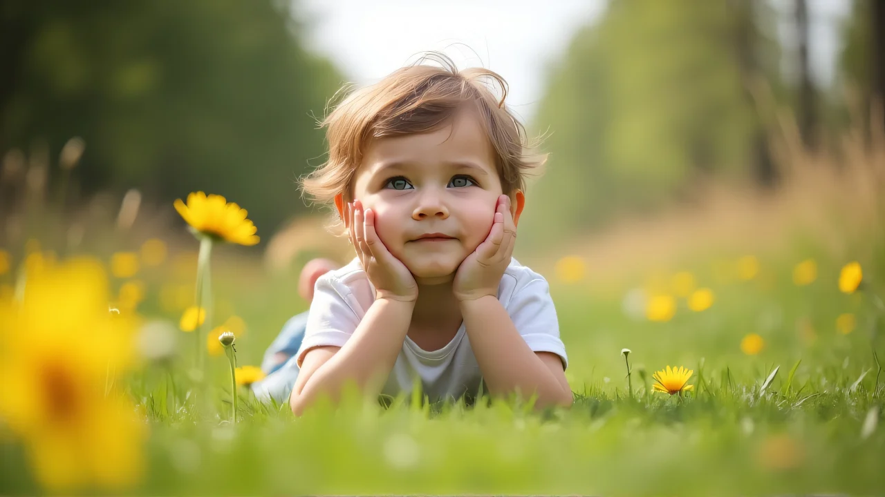 A child lying on grass with wildflowers, looking up at the sky.