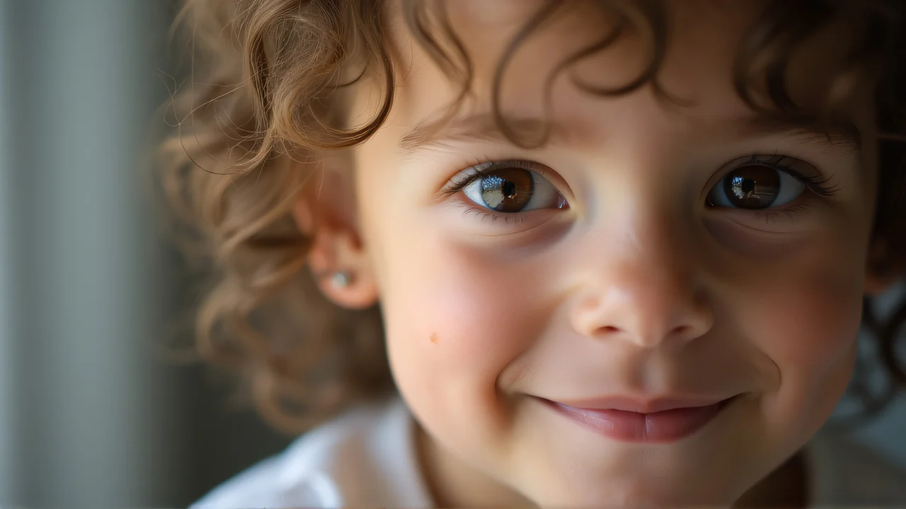 Close-up of a child's face with freckles and a slight smile.