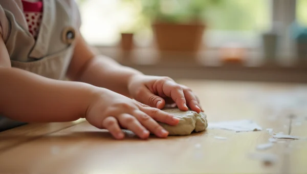 Child's Hand Shaping Soft Clay on Wooden Table