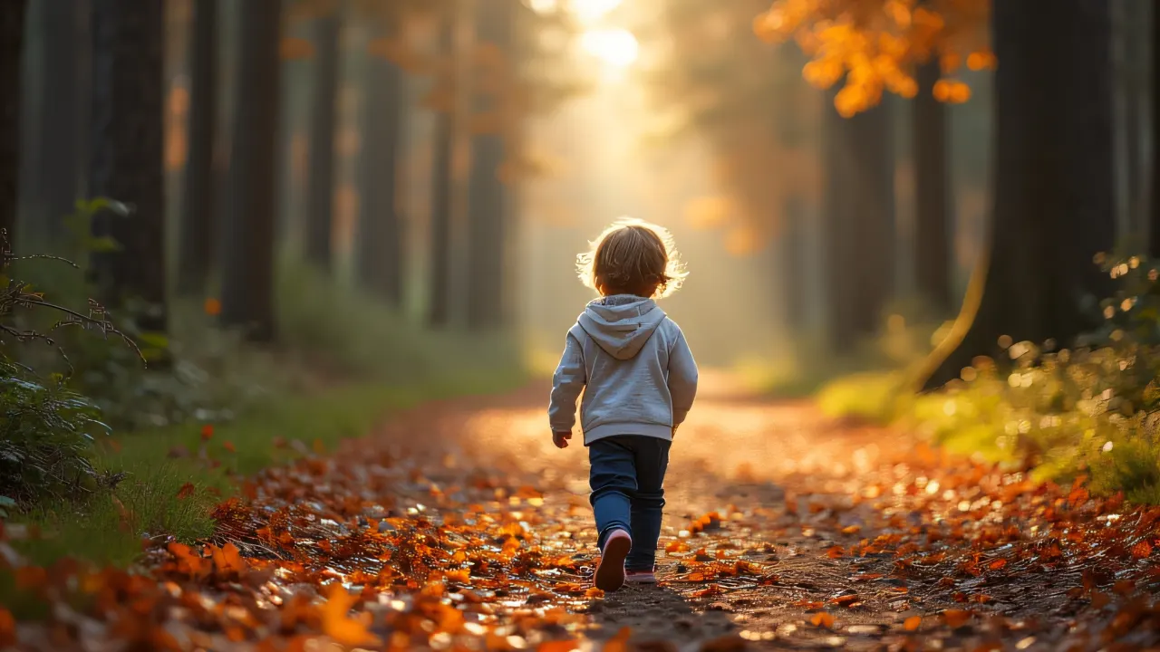A child walks along a leaf-covered path in a sunlit forest.