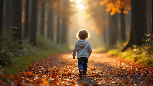 Child Walking on Leafy Forest Path with Sunlight