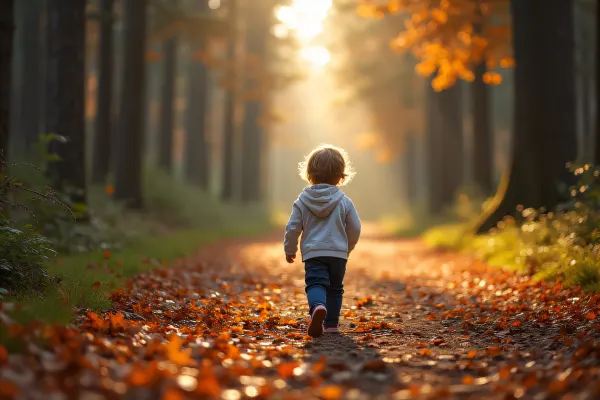 Child Walking on Leafy Forest Path with Sunlight